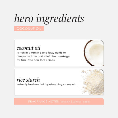 Hask Coconut Oil Dry Shampoo bottle next to text about volume and texture