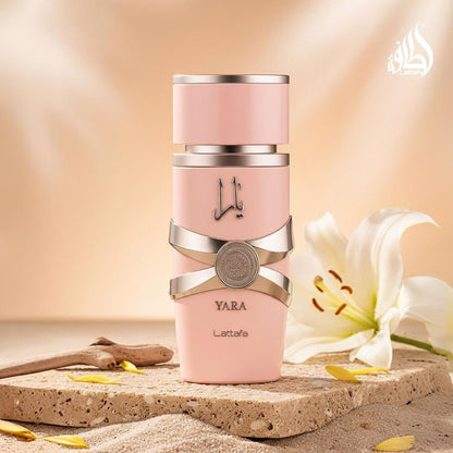 Lattafa Yara women perfume bottle held in hand showing size