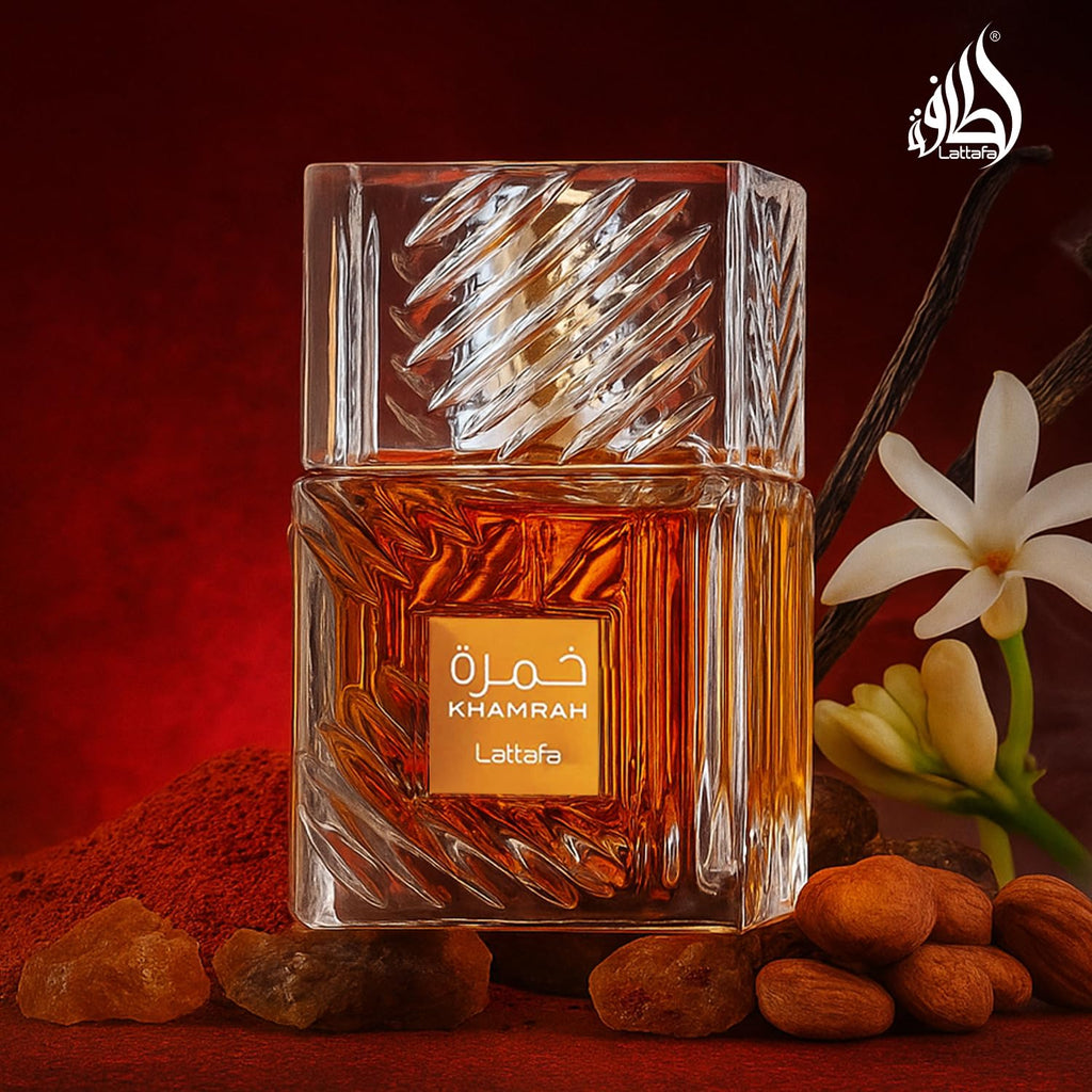 Close up angle of the heavy crystal glass cap on the Lattafa Khamrah long lasting perfume bottle.