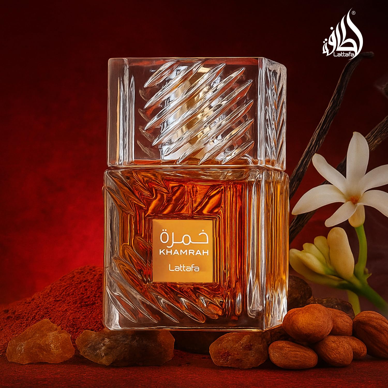 Close up angle of the heavy crystal glass cap on the Lattafa Khamrah long lasting perfume bottle.