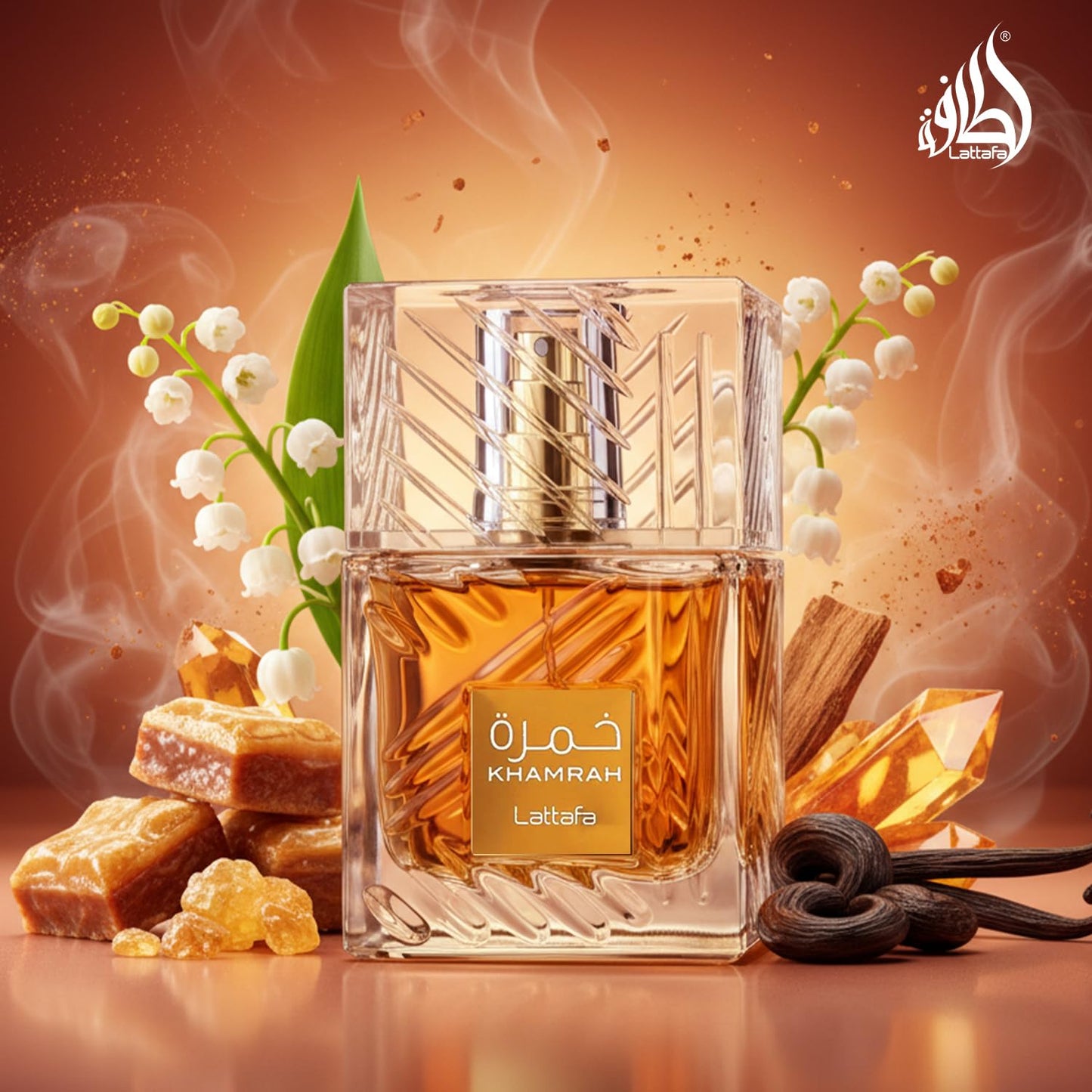 The elegant presentation of Lattafa Khamrah oriental unisex fragrance sitting on a clean surface.