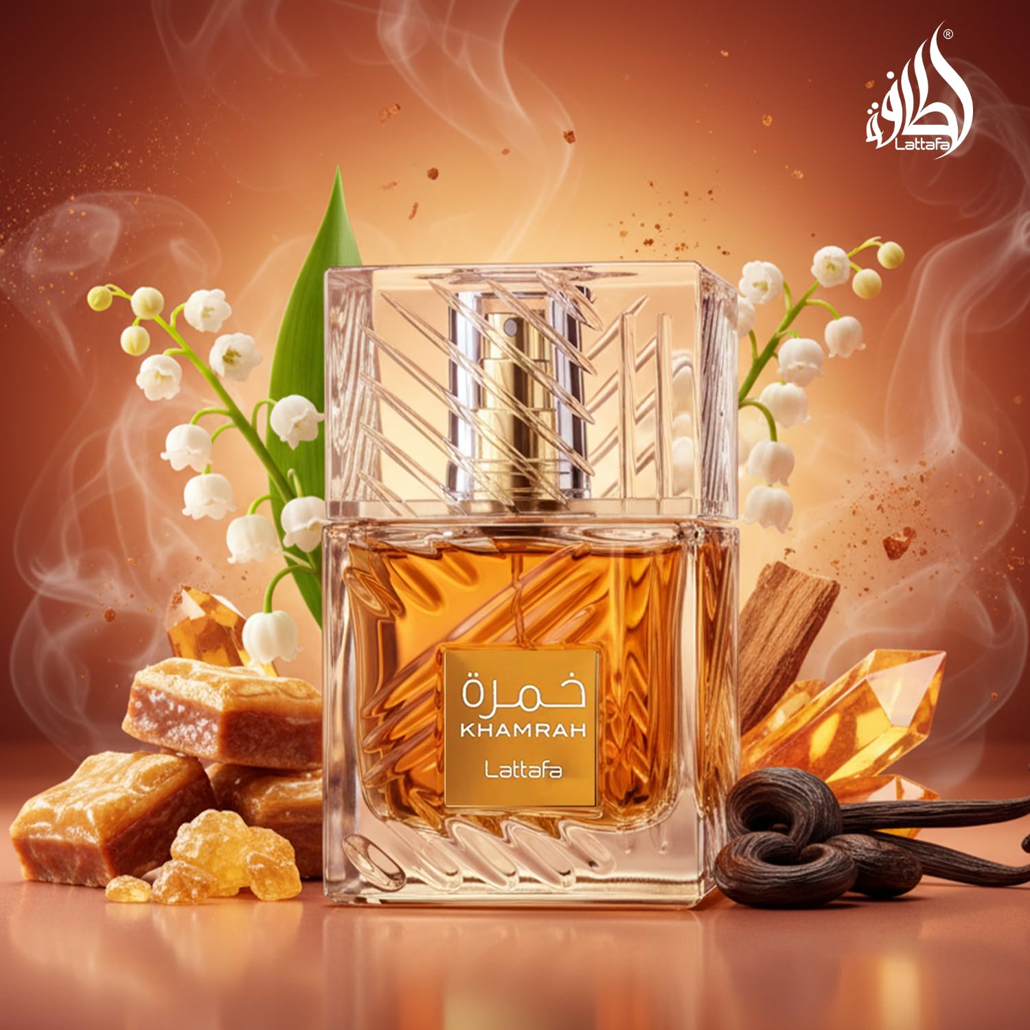 The elegant presentation of Lattafa Khamrah oriental unisex fragrance sitting on a clean surface.
