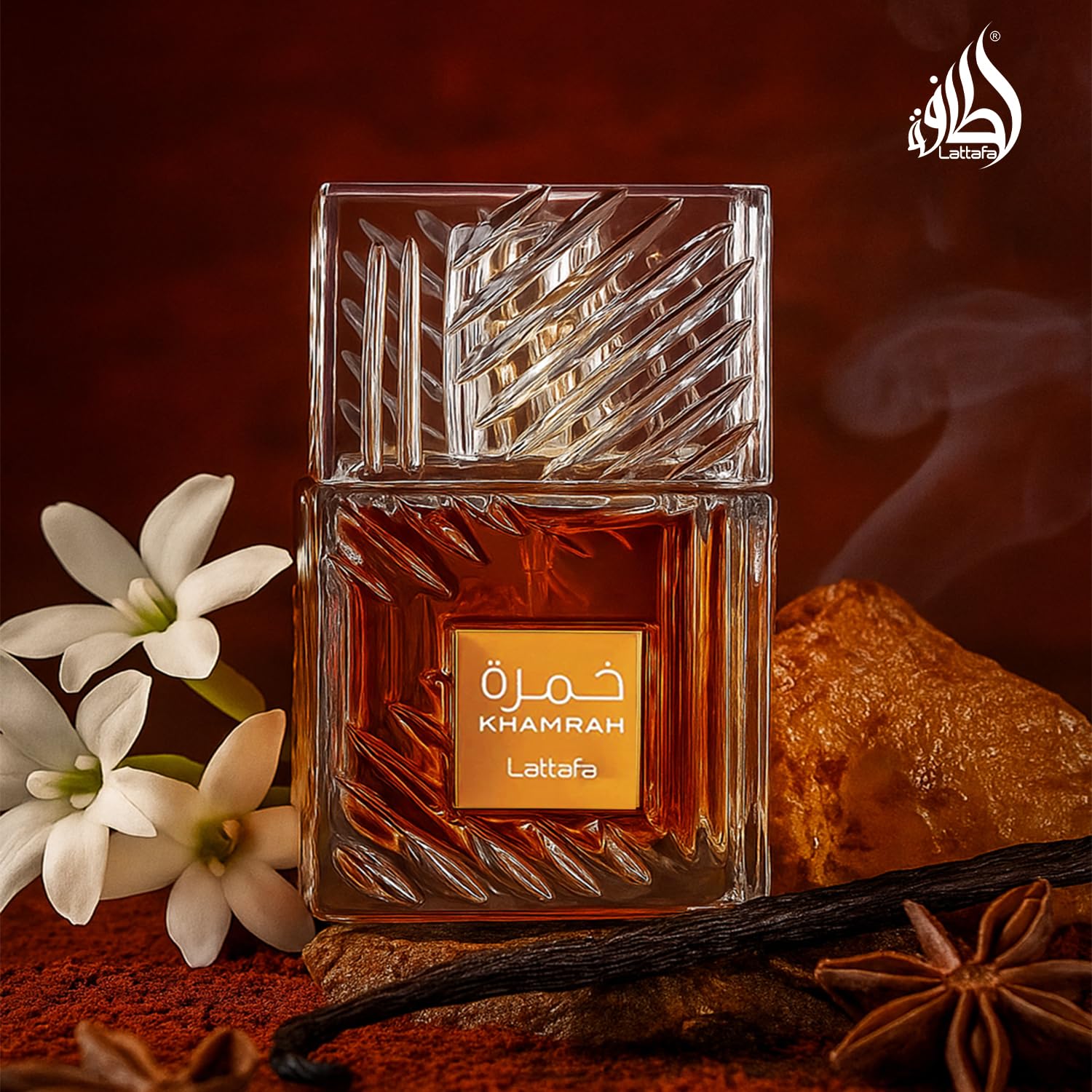 Side view highlighting the detailed texturing of the Lattafa Khamrah luxury perfume glass container.
