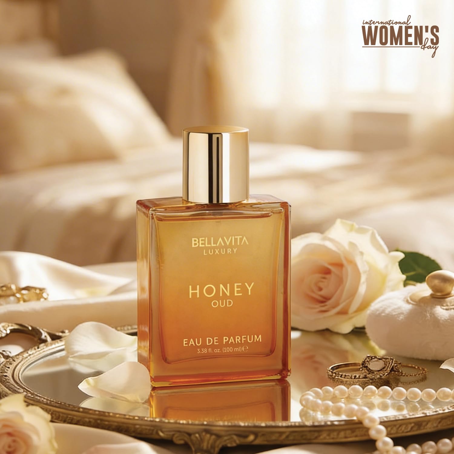Unisex premium fragrance bottle showcasing the brand label and sleek rectangular glass design