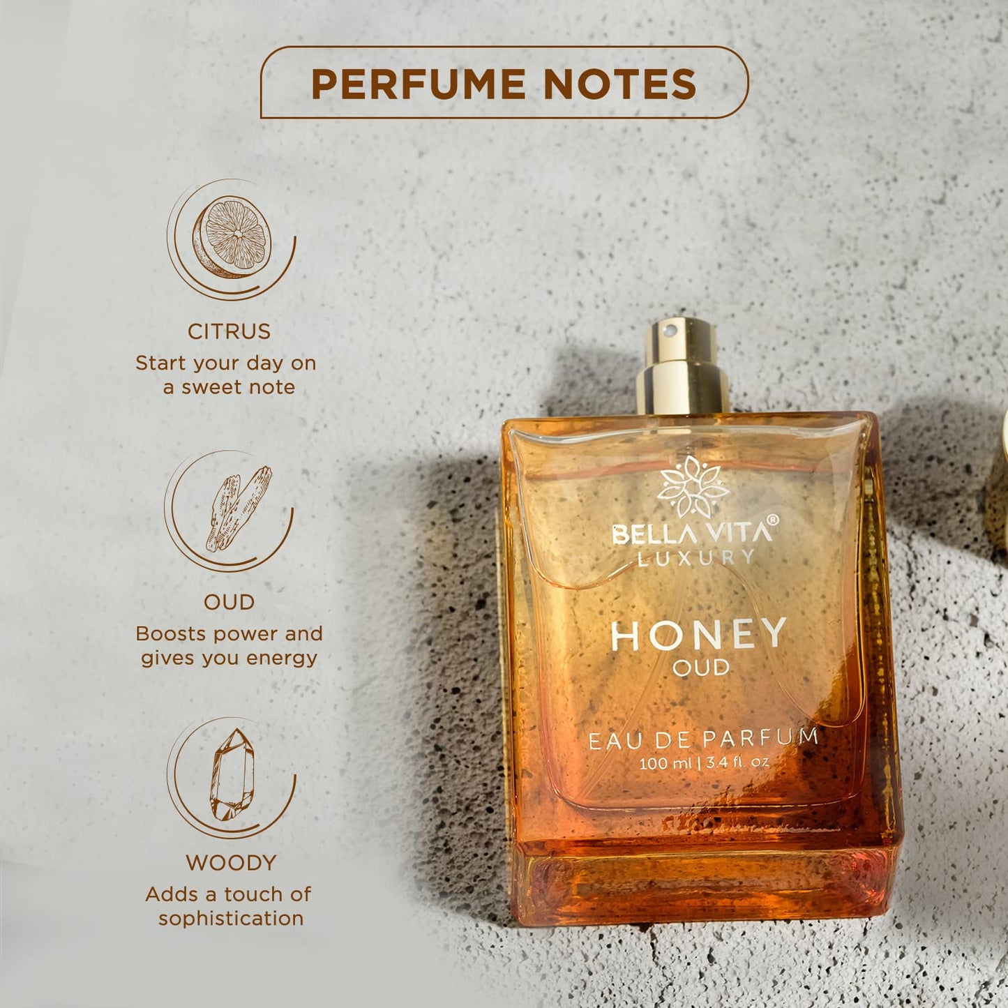 Cruelty free honey oud scent illustration featuring citrus bergamot and floral note components