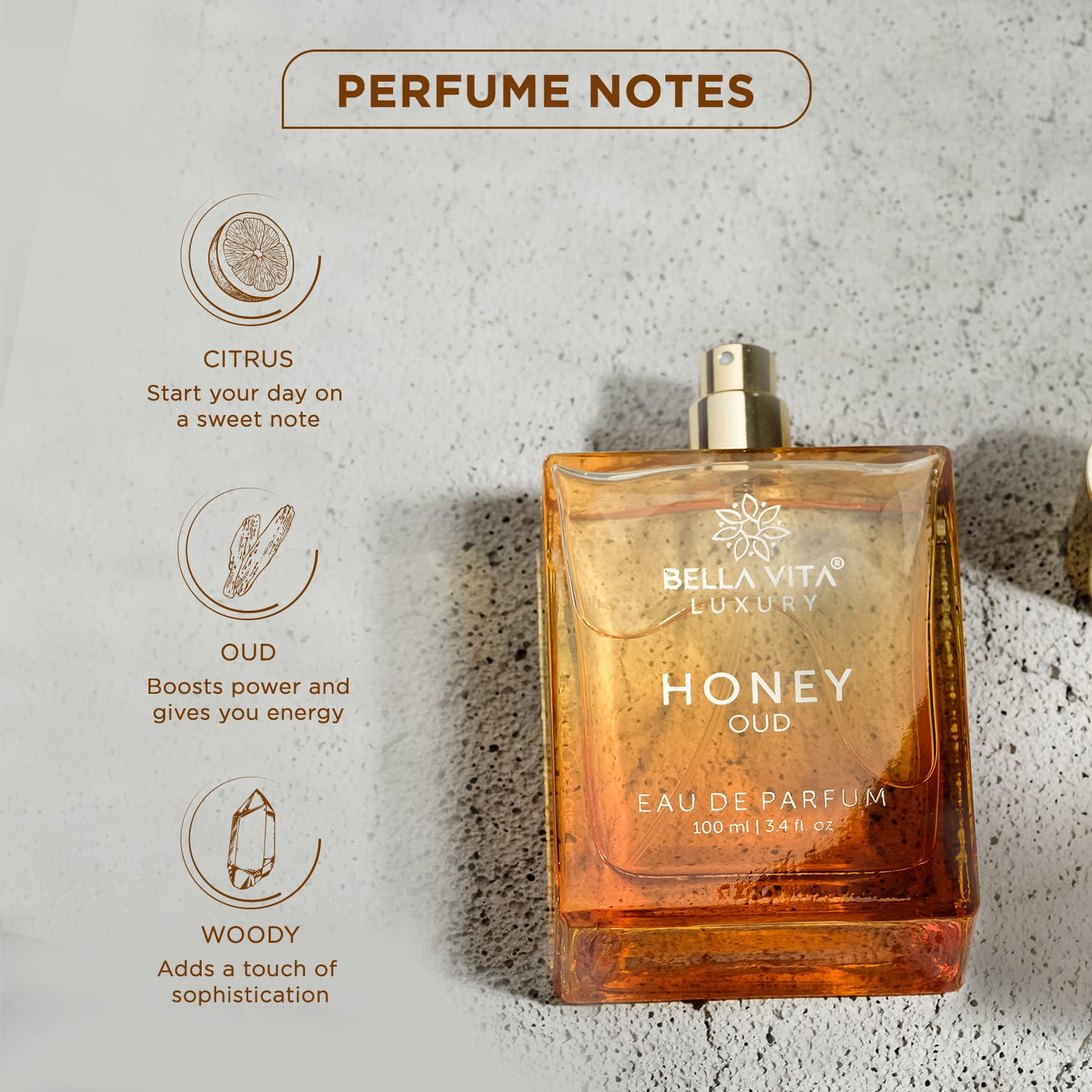 Cruelty free honey oud scent illustration featuring citrus bergamot and floral note components