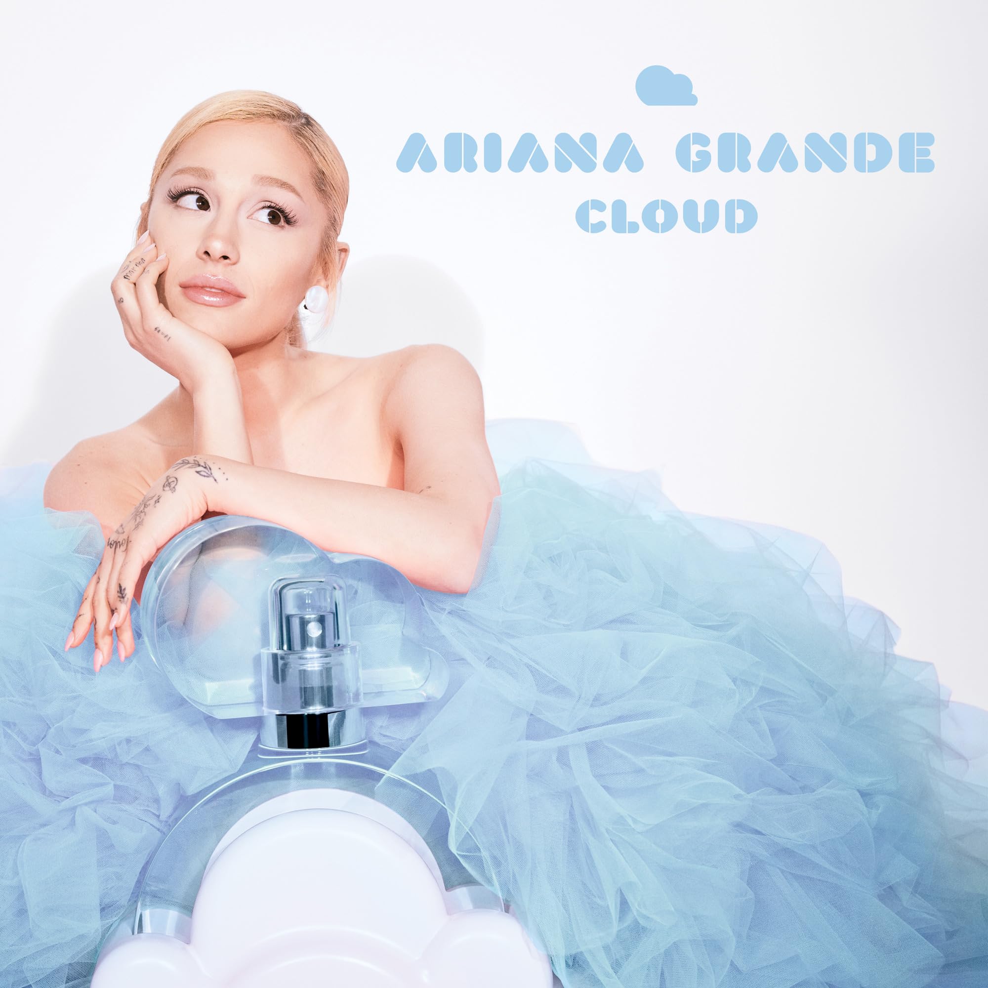 Ariana Grande Cloud Eau de Parfum 3.4 Ounce liquid inside the clear blue bottle