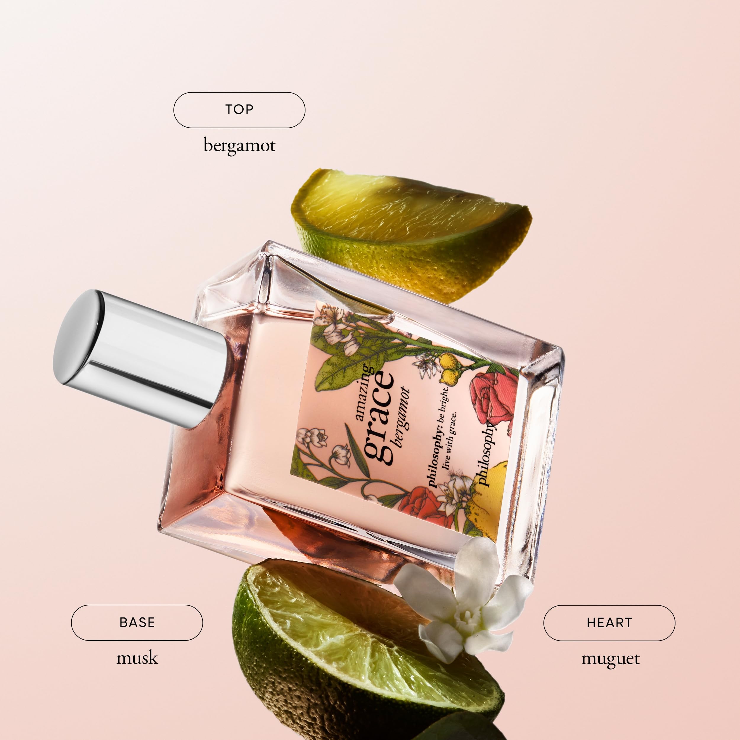 Philosophy bright floral women's perfume packaging showing key bergamot and musk ingredients