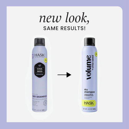 Hask dry shampoo bottle showing chia seed ingredient branding
