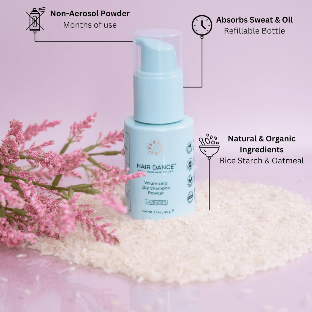 Hair Dance non aerosol volumizing dry shampoo powder being applied to hair sections.