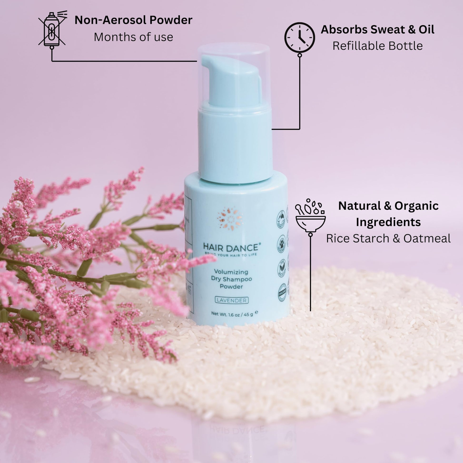 Hair Dance non aerosol volumizing dry shampoo powder being applied to hair sections.