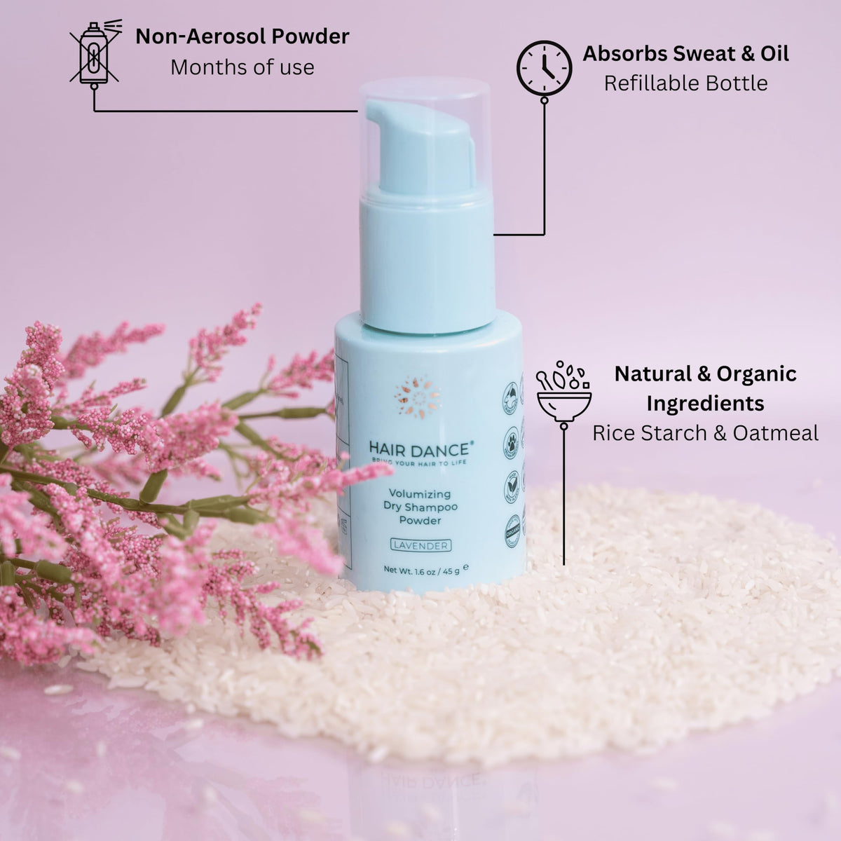 Hair Dance non aerosol volumizing dry shampoo powder being applied to hair sections.