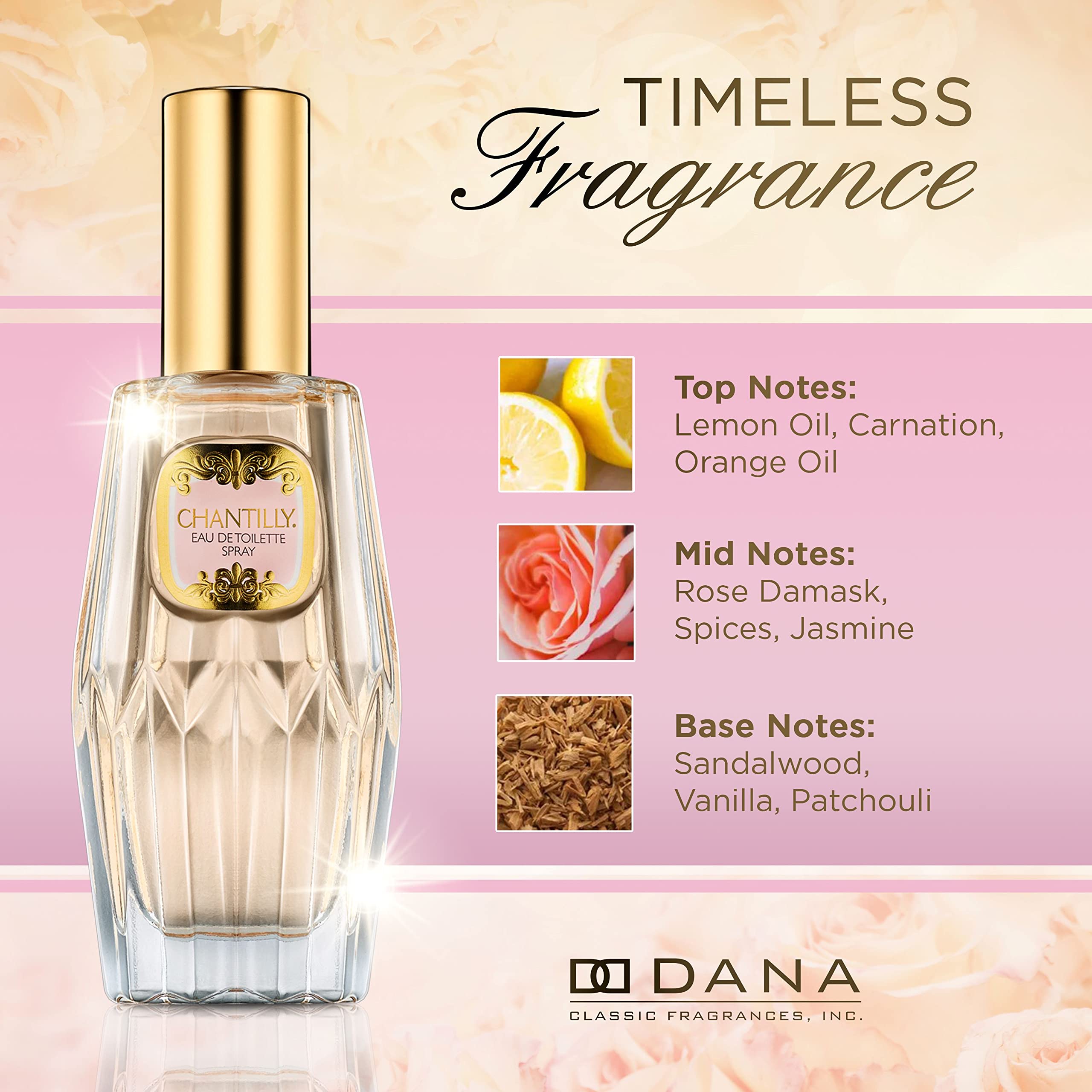 Side view of Dana Chantilly Eau De Toilette 60 milliliter bottle