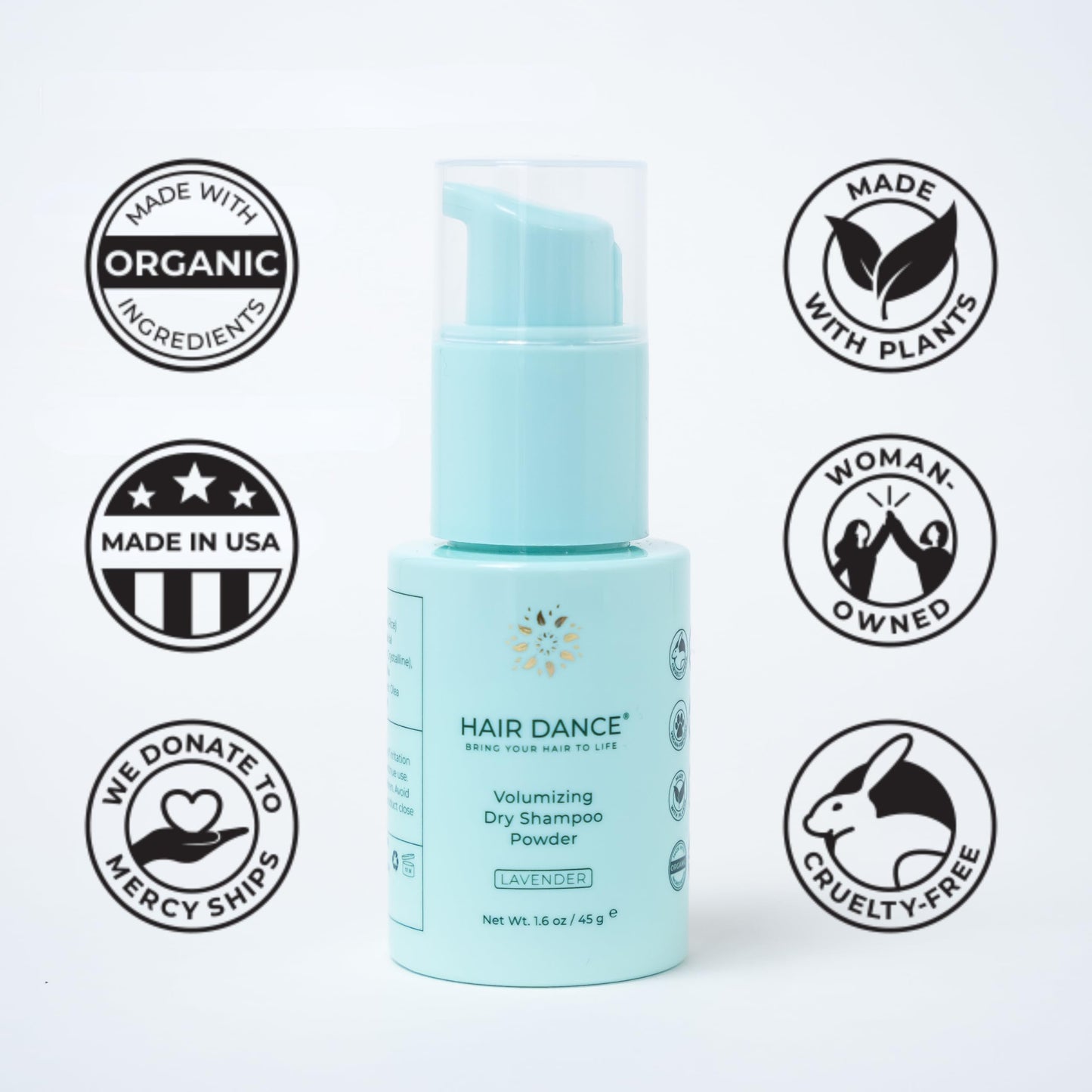 Vegan and cruelty free dry shampoo powder bottle highlighting jumbo size specification.