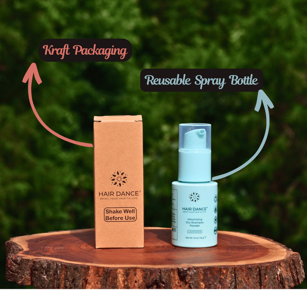 Hair Dance dry shampoo powder oil absorption demonstration on dark hair roots.