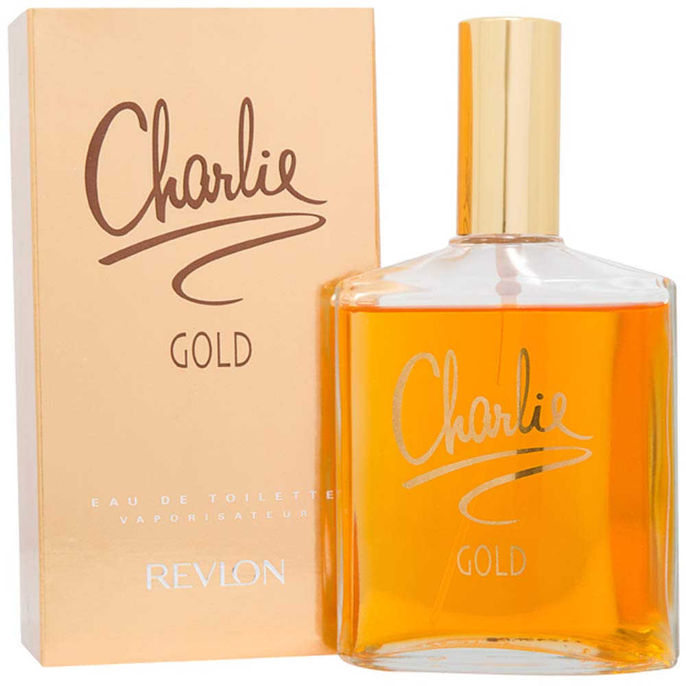 Close up of Revlon Charlie Gold branding on bottle