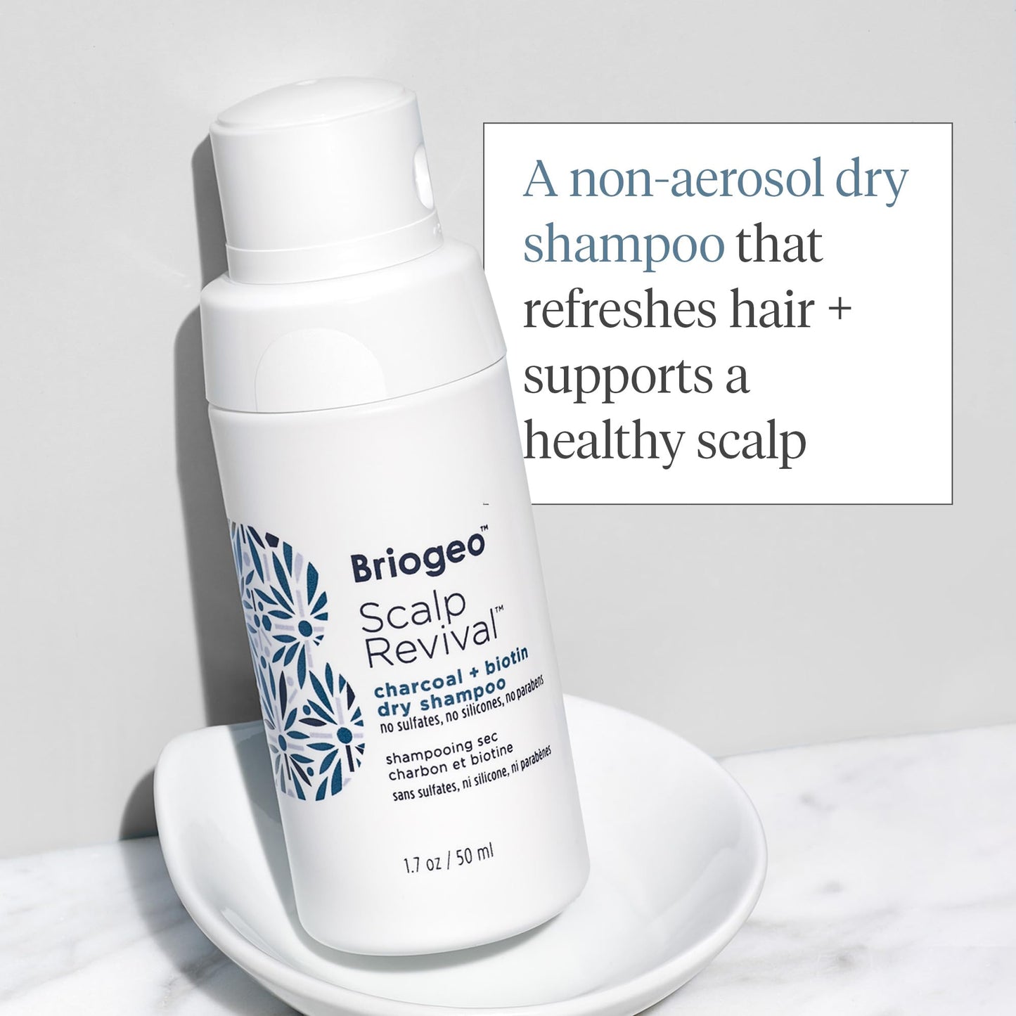 Briogeo Scalp Revival Charcoal and Biotin Dry Shampoo compact one point seven ounce travel size bottle