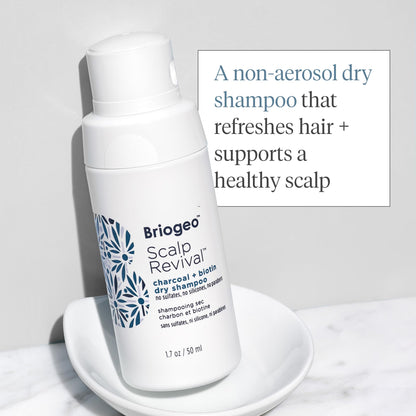 Briogeo Scalp Revival Charcoal and Biotin Dry Shampoo compact one point seven ounce travel size bottle