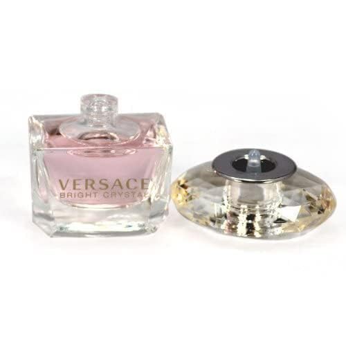 Close up of Versace Bright Crystal miniature glass bottle