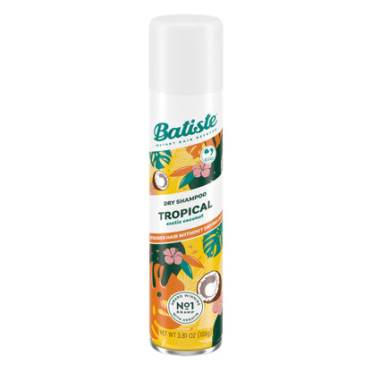 Three bottles of Batiste Tropical waterless shampoo