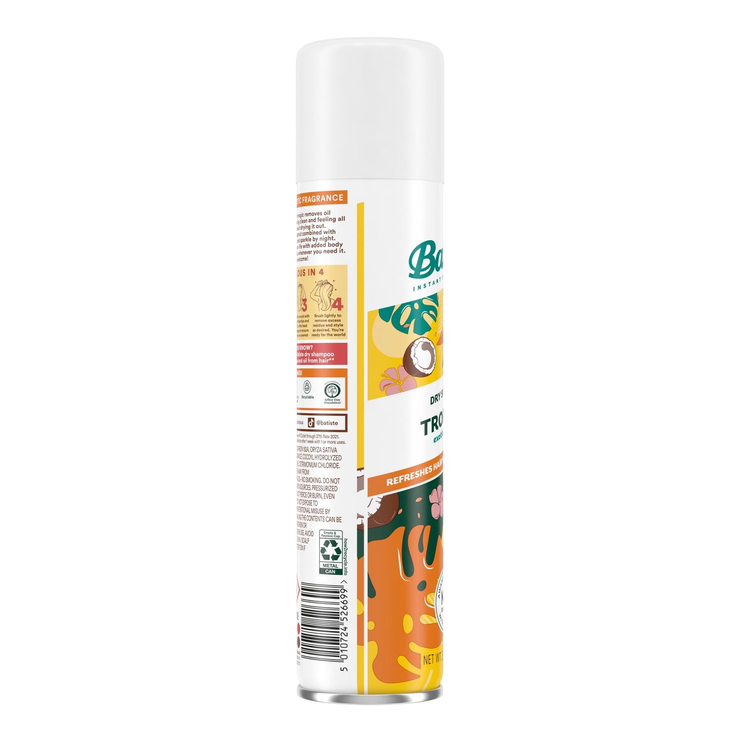 Batiste Tropical dry shampoo spray cans packaging