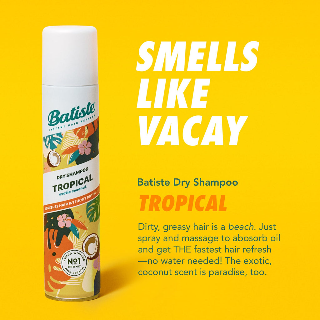 Close up of Batiste Tropical dry shampoo bottle