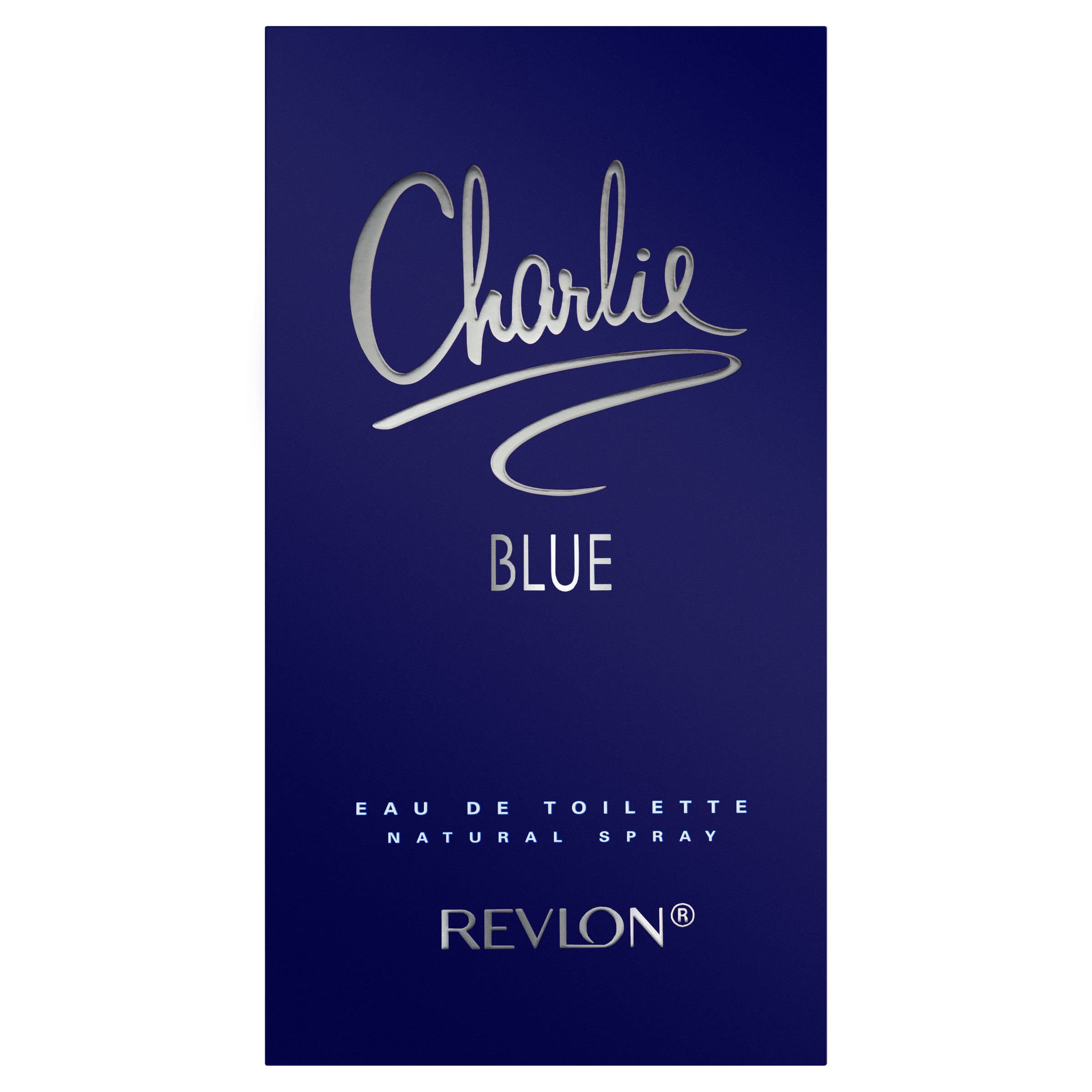 Close up of Revlon Charlie Blue perfume branding