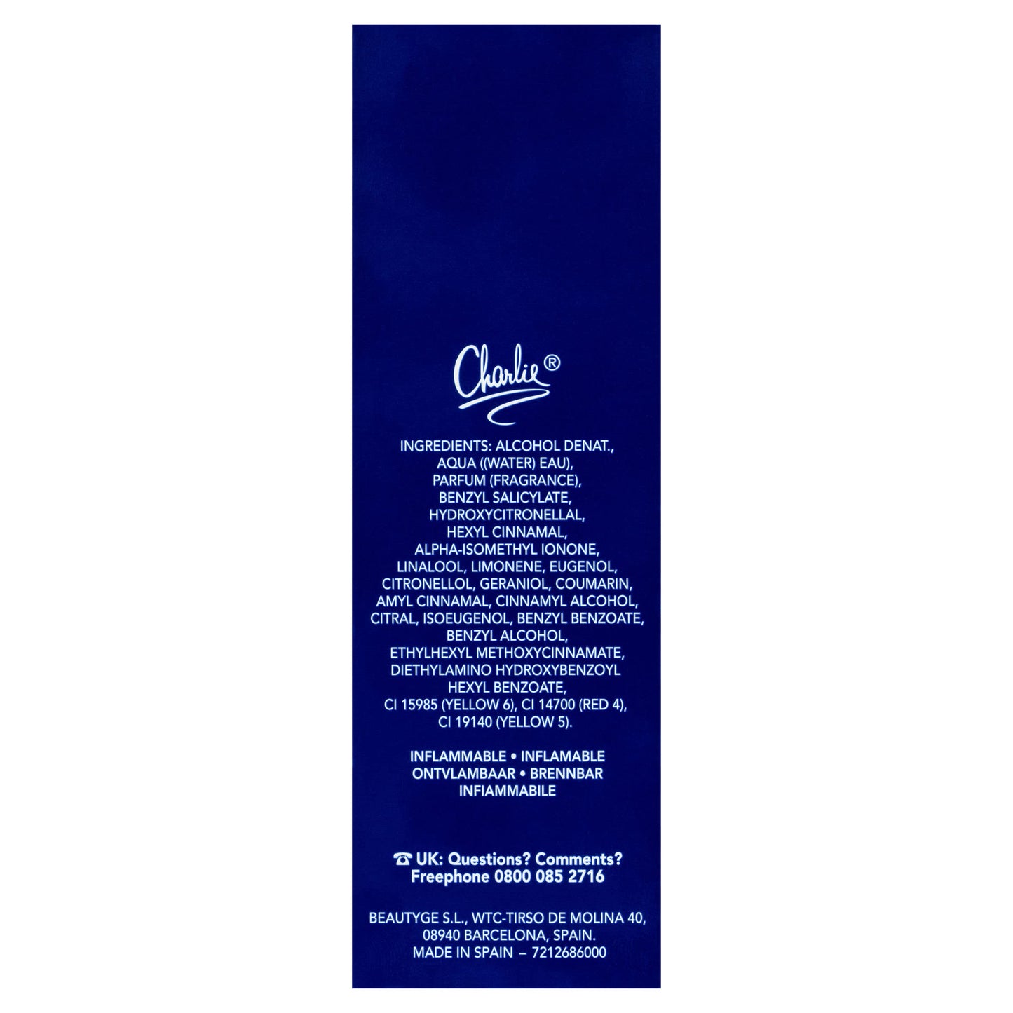 Side profile of Charlie Blue Eau de Toilette spray