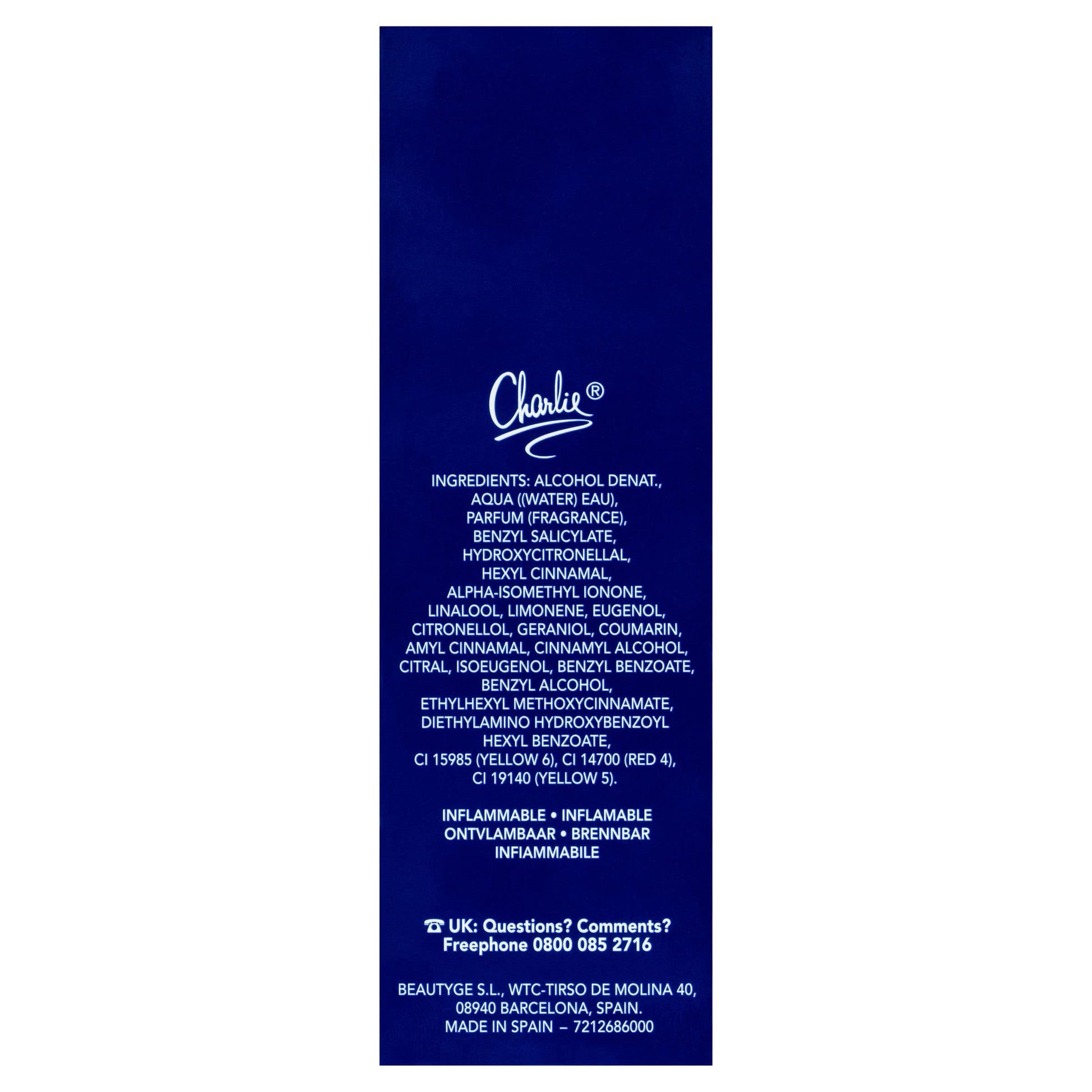 Side profile of Charlie Blue Eau de Toilette spray