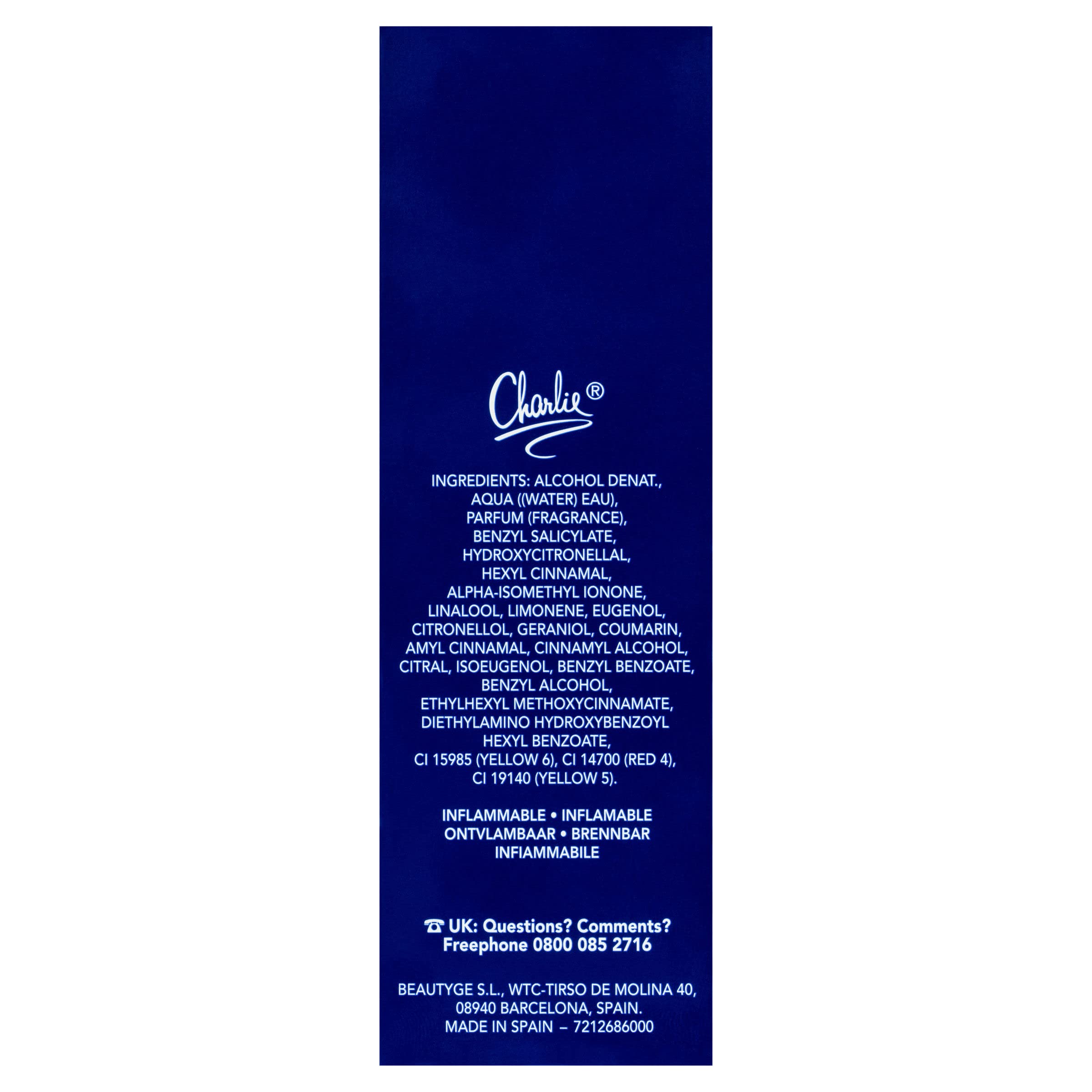 Side profile of Charlie Blue Eau de Toilette spray
