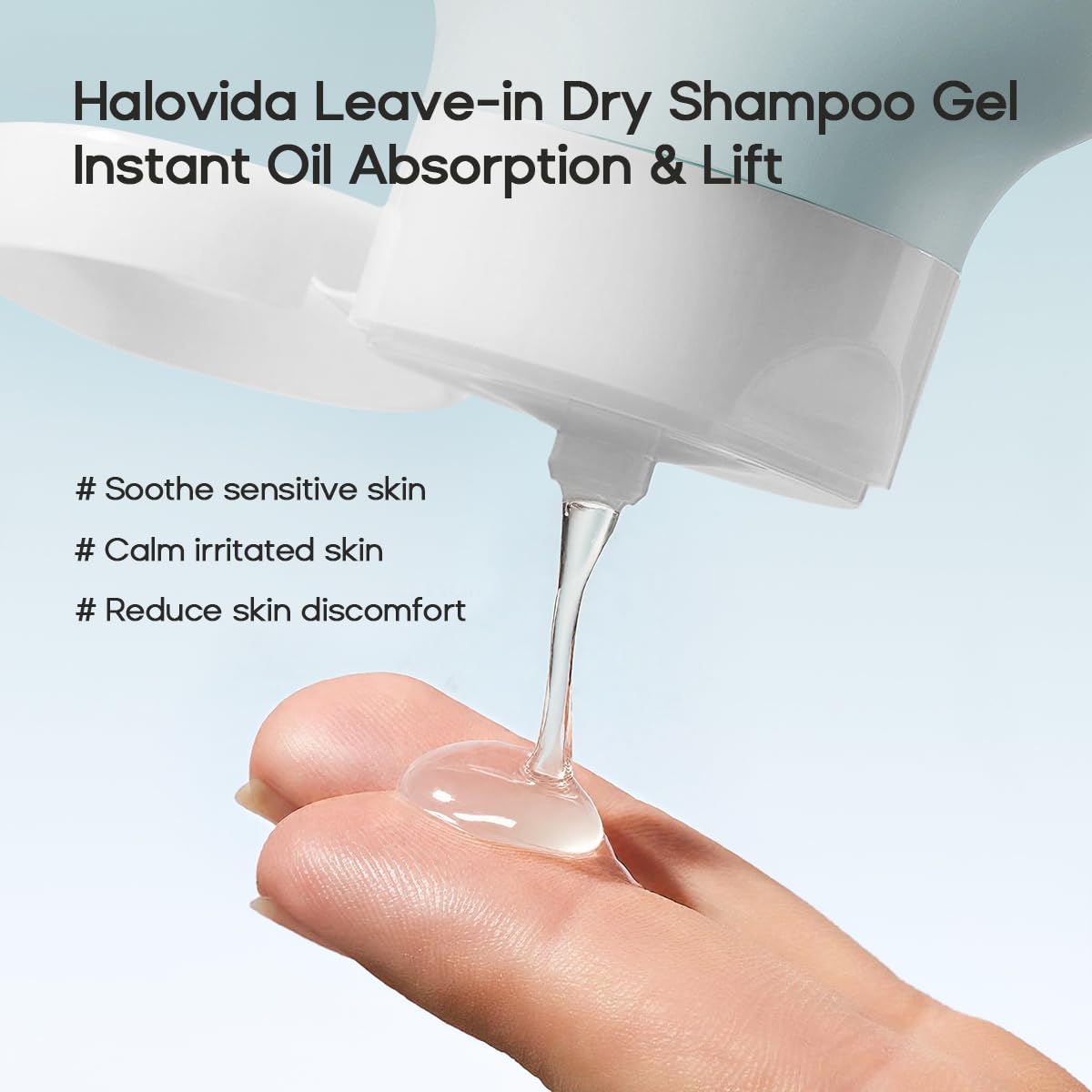 Halovida dry shampoo gel application on hair roots