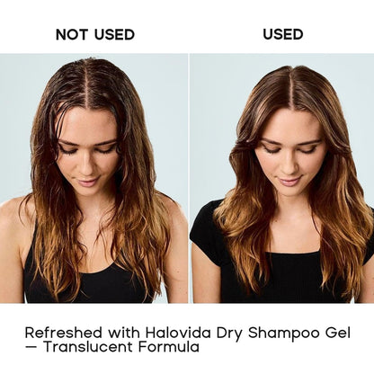 Side profile of Halovida non-aerosol dry shampoo bottle