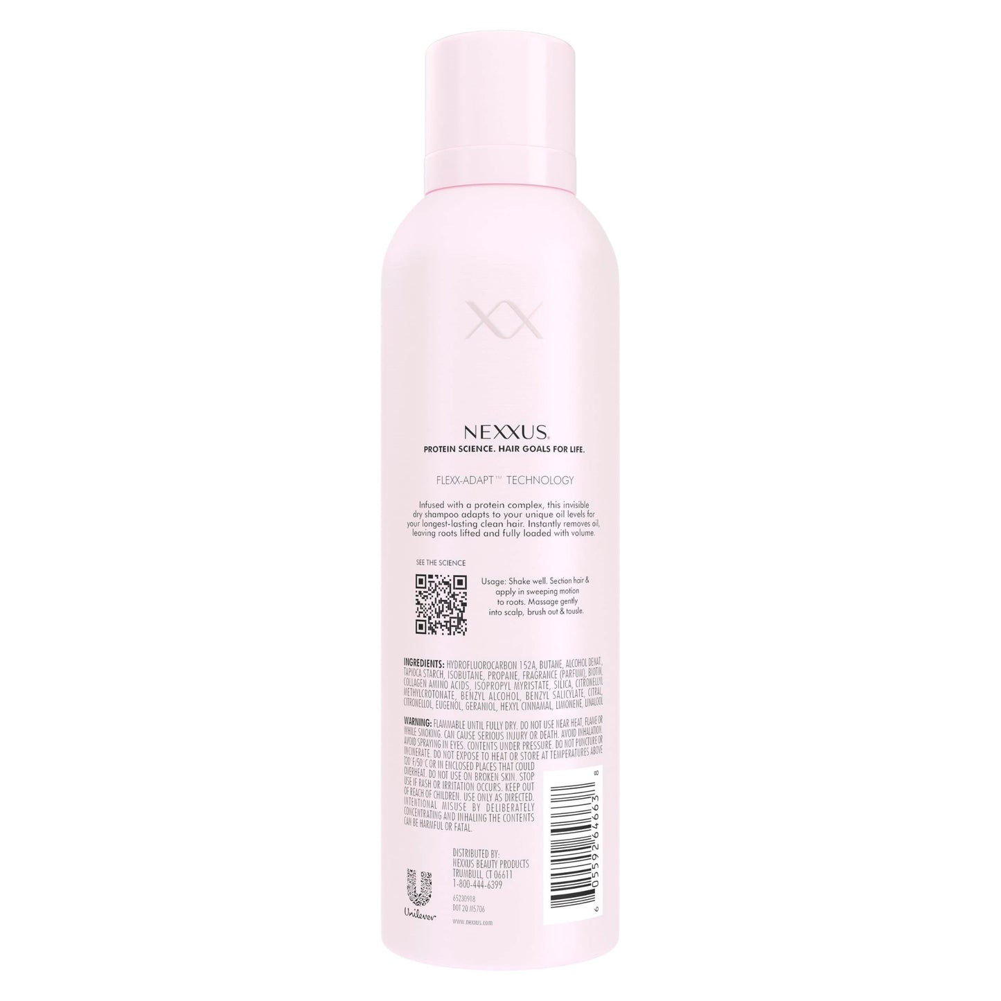 Nexxus Styling Refreshing Dry Shampoo pink cap packaging showing protein science label
