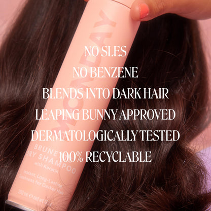 Monday Haircare Brunette Dry Shampoo packaging showing dark hair benefits