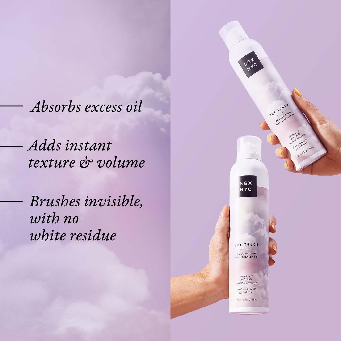 Back label of SGX NYC Dry Touch dry shampoo with detailed hair styling application instructions