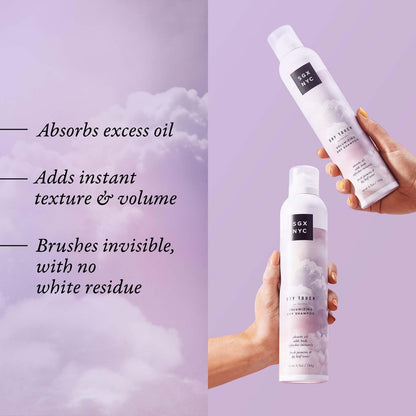 Back label of SGX NYC Dry Touch dry shampoo with detailed hair styling application instructions