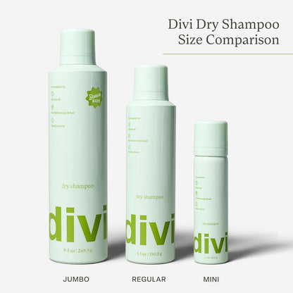 Travel friendly 5.3 ounce Divi dry shampoo bottle size