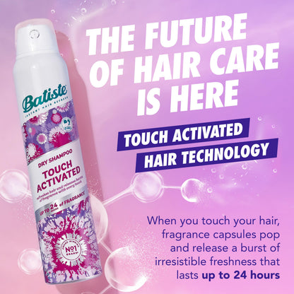 Batiste dry shampoo bottle showing touch activated technology
