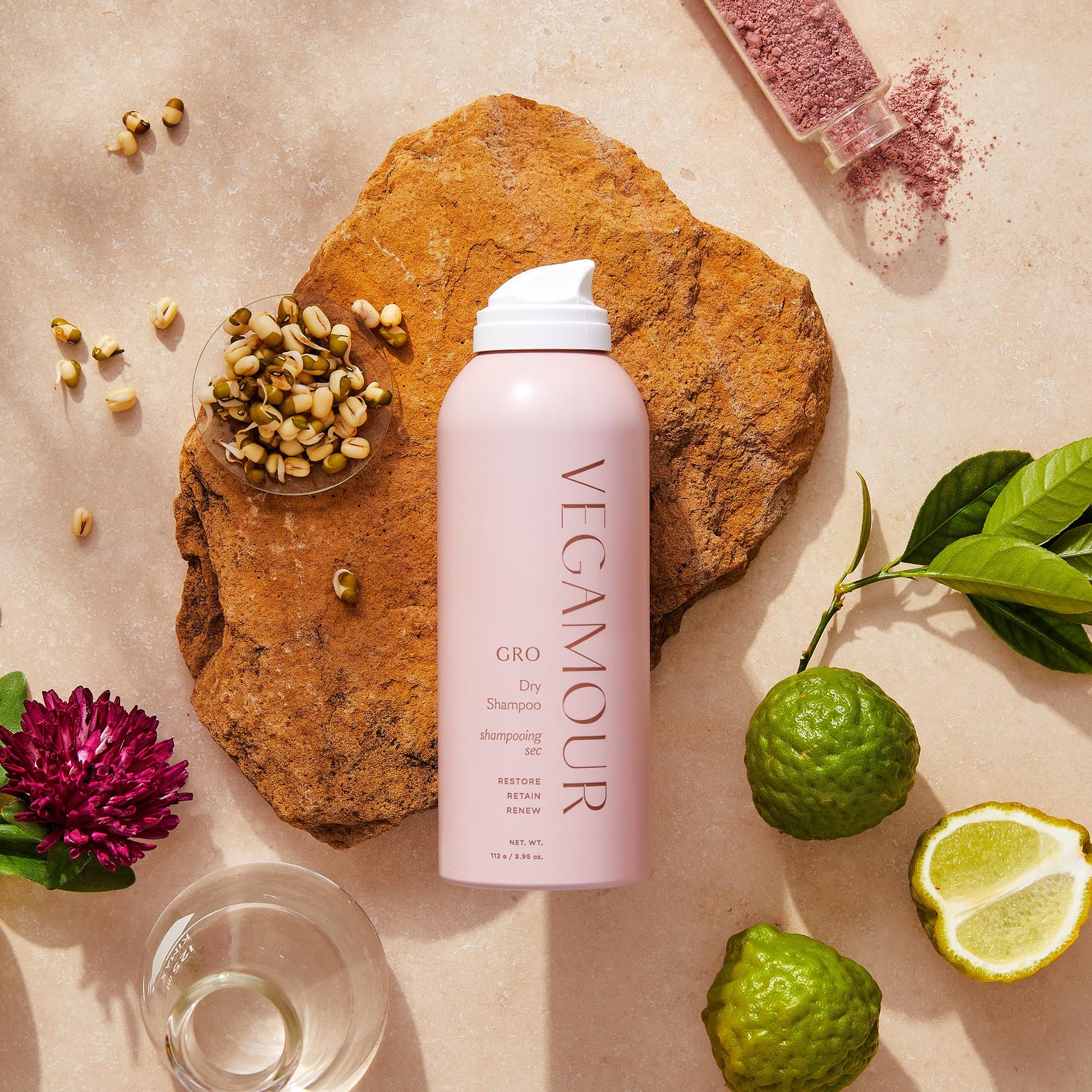 Cruelty free and vegan Vegamour dry shampoo canister close up view
