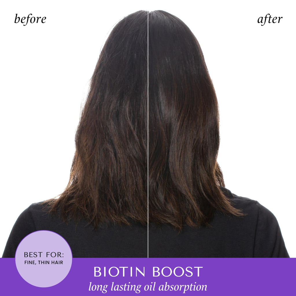 Back of Hask Biotin Boost Thickening Dry Shampoo label with ingredients