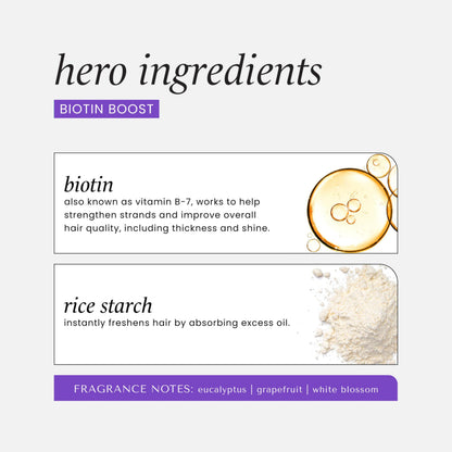 Close up of Hask Biotin Boost branding on dry shampoo packaging