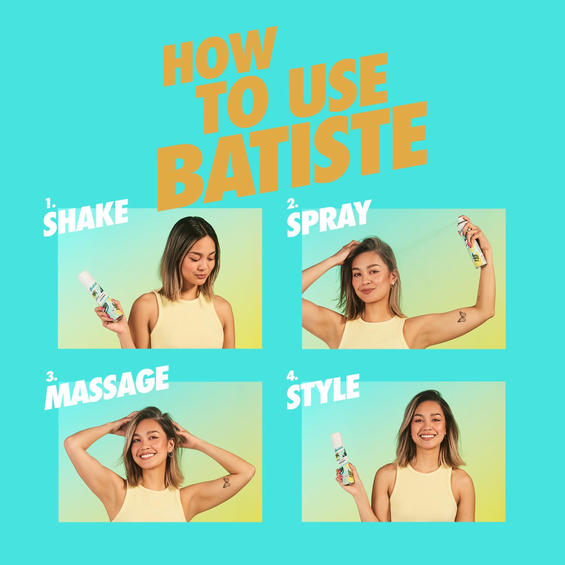 Batiste blonde dry shampoo bottle with ingredients and usage instructions panel