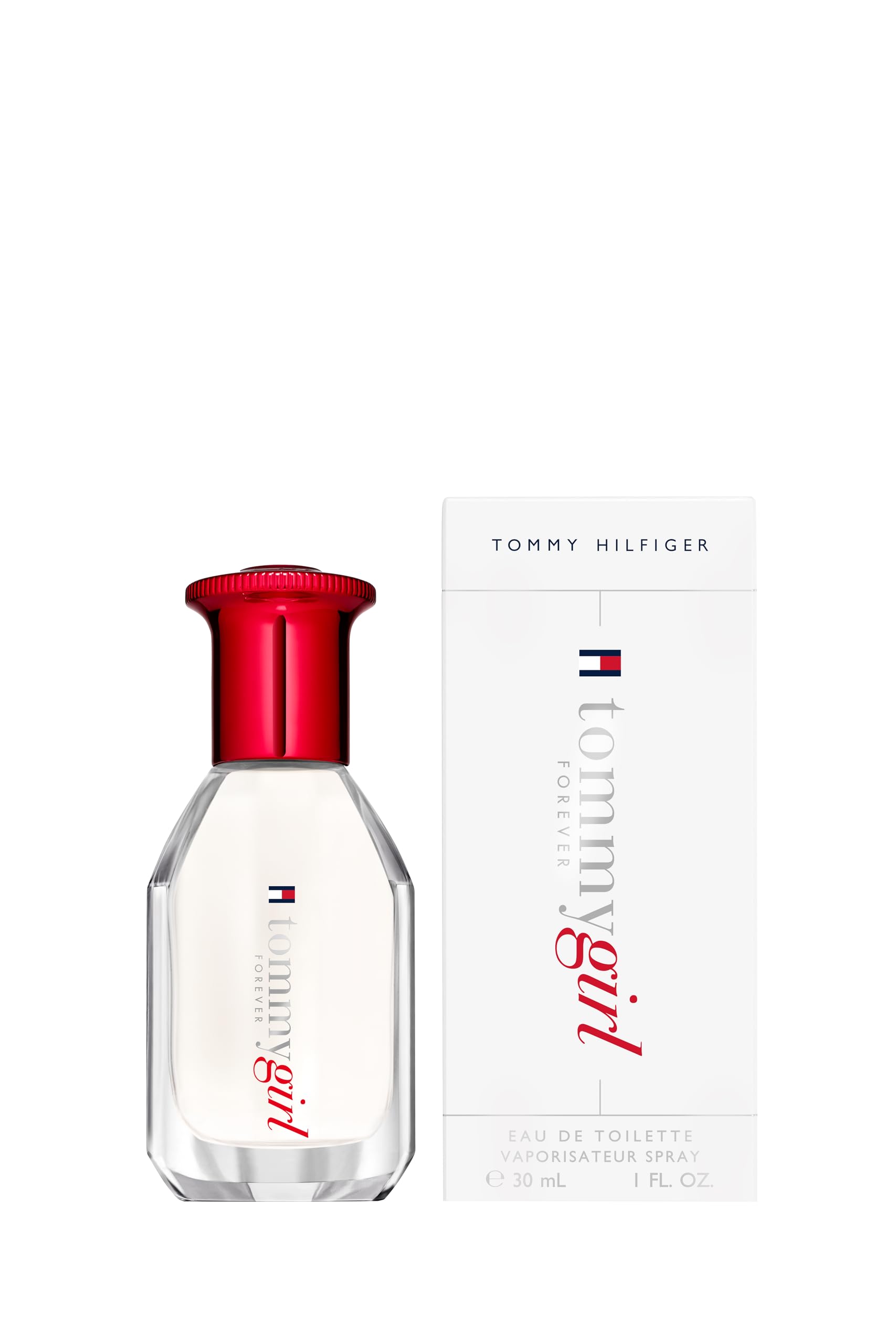 Tommy Hilfiger Tommy Girl Forever packaging box and transparent glass perfume bottle