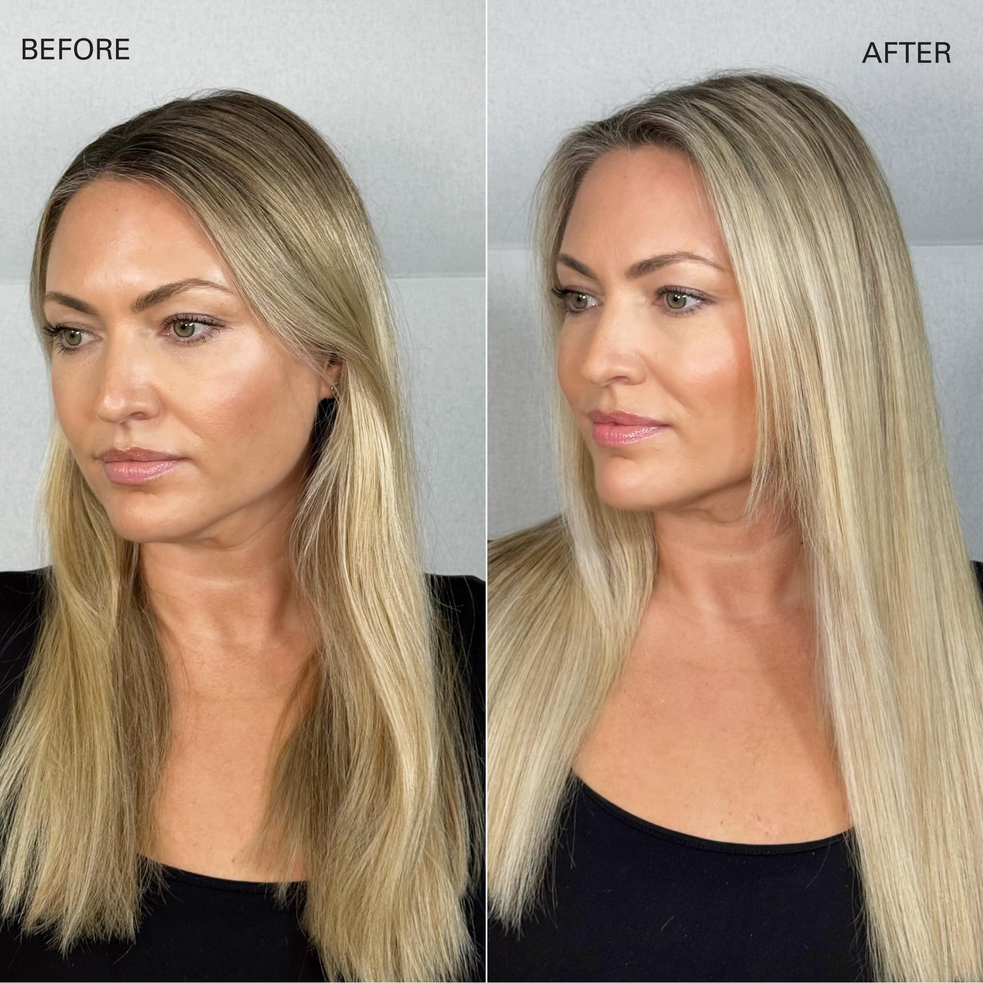 Model demonstrating the volume and shine results of Color Wow dry shampoo