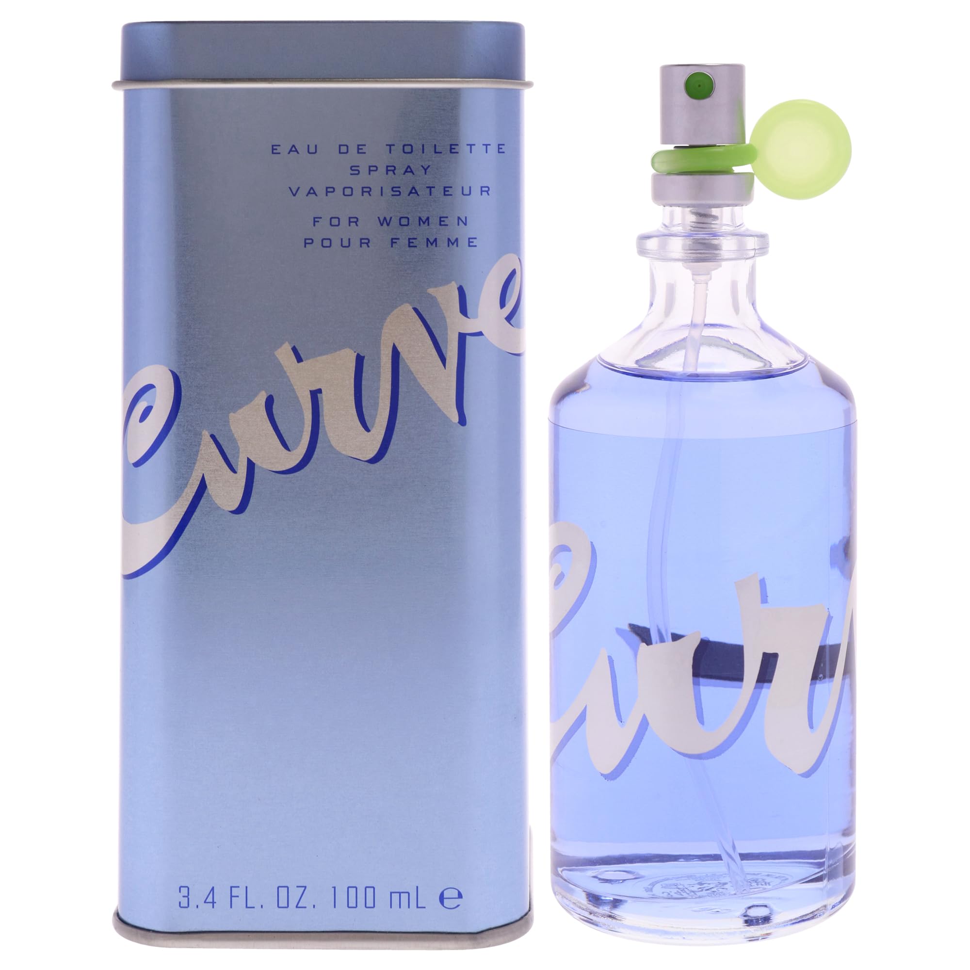 Authentic Liz Claiborne Curve for Women perfume bottle in blue metal tin