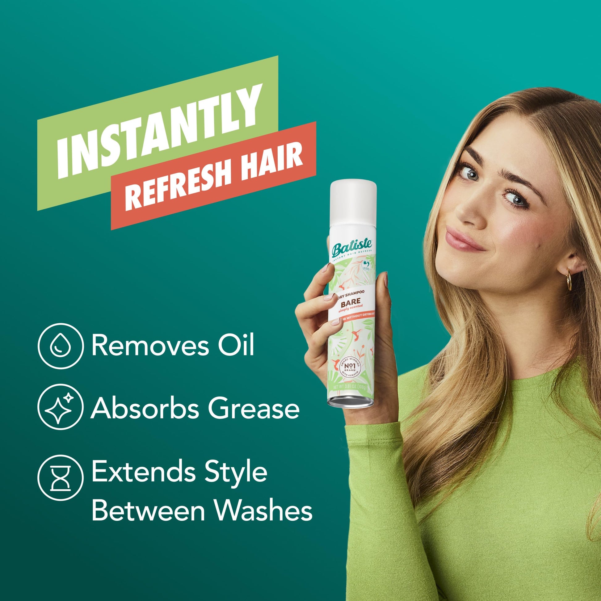 Batiste waterless shampoo spray 5.71 ounce packaging detailing ingredients