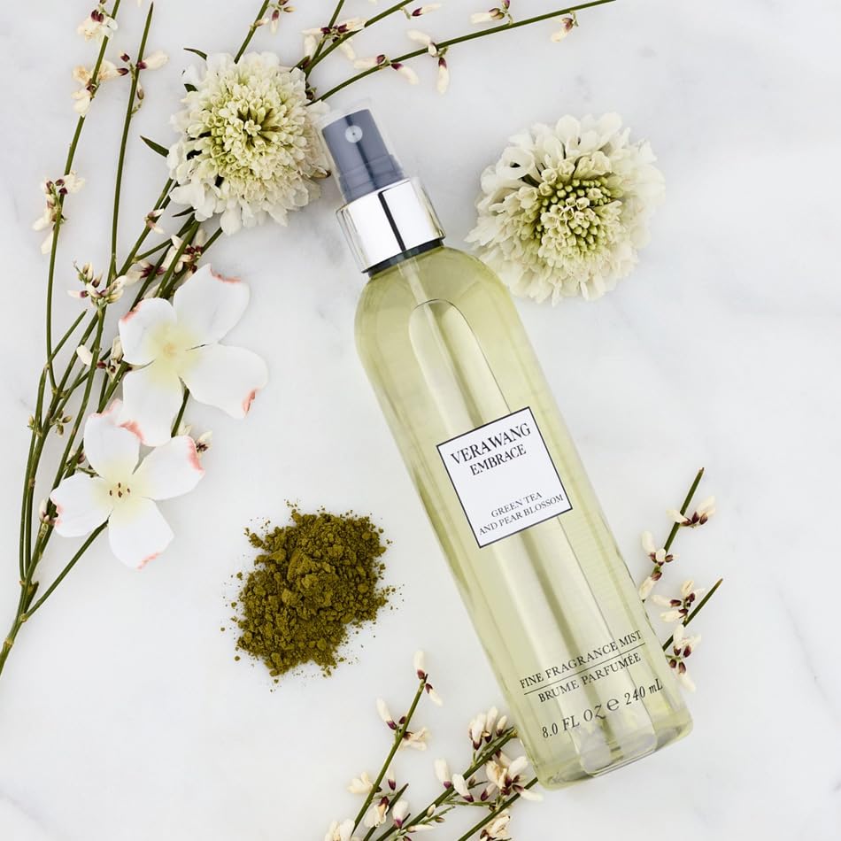 Vera Wang fragrance mist bottle with green tea and pear blossom label