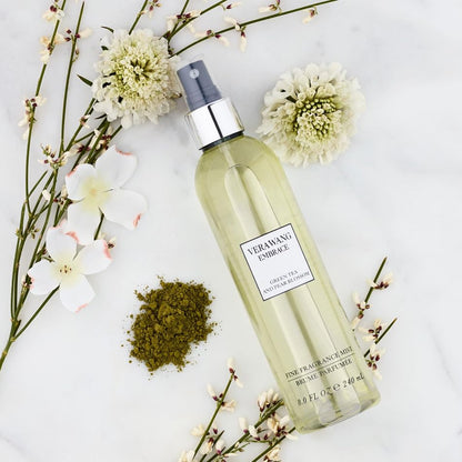 Vera Wang fragrance mist bottle with green tea and pear blossom label