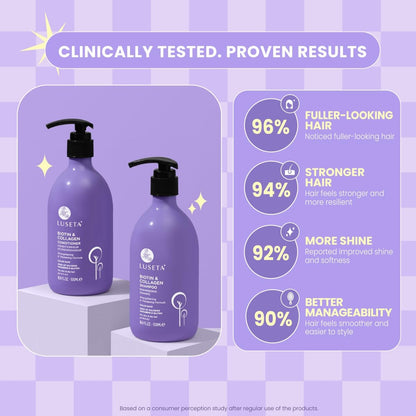 Close-up of the Luseta Biotin hair growth product labels highlighting the sulfate-free and paraben-free formula.