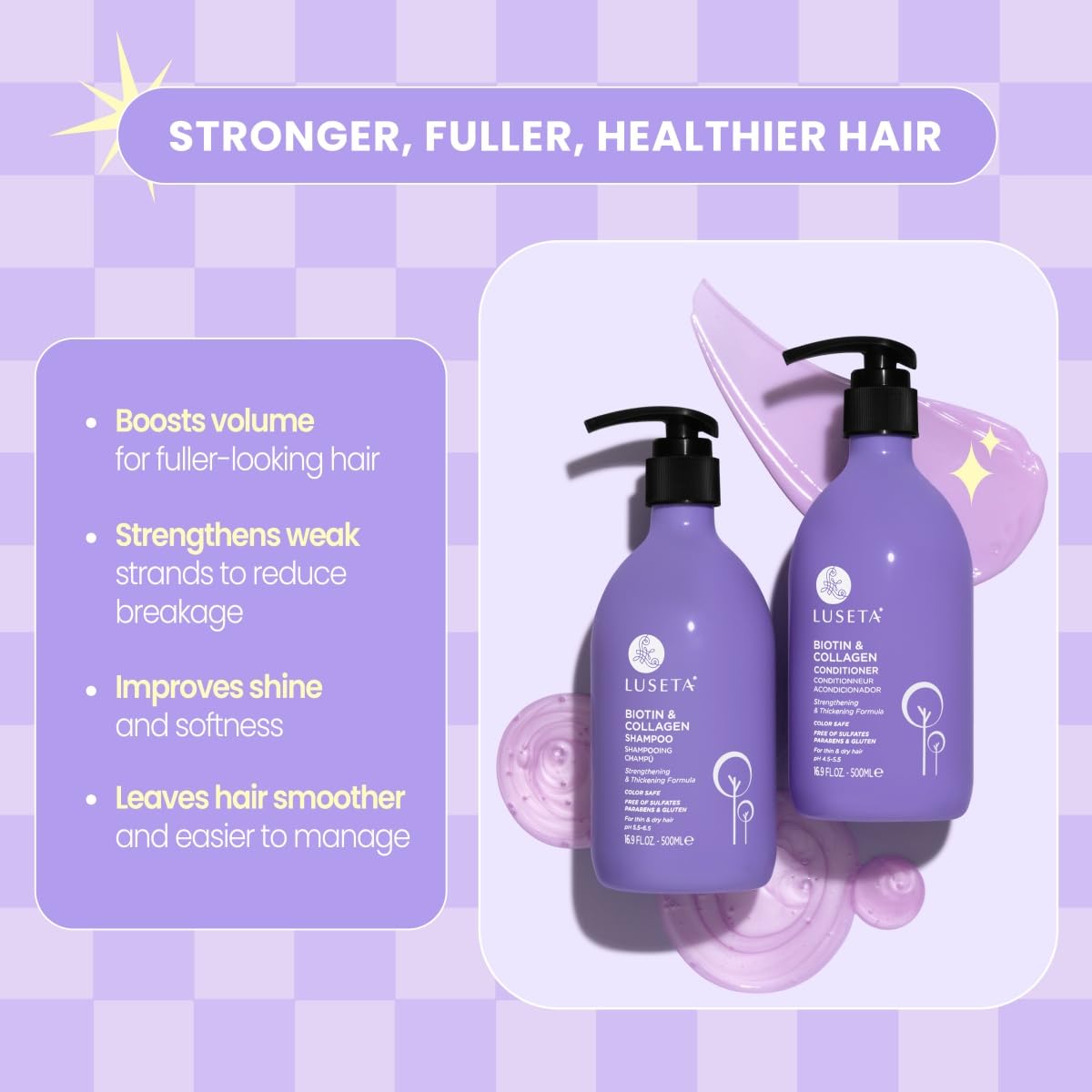 Luseta Biotin and Collagen 16.9 Fluid Ounce bottles displayed together on a clean background for hair loss treatment.